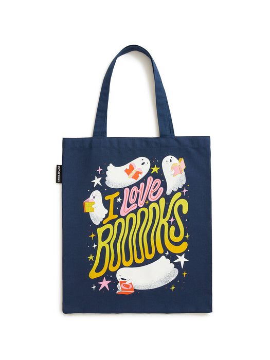 A navy blue canvas tote bag featuring a colorful graphic print with cartoon ghosts, stars, and the text 'I Love BOOKS' in yellow and pink, shown against a plain white background.