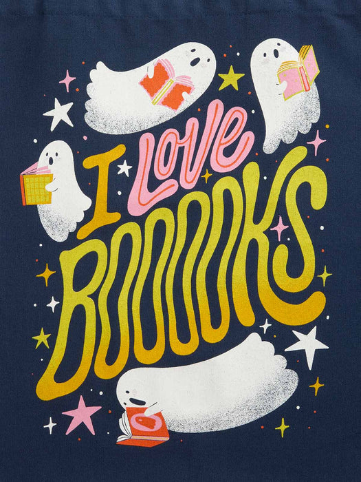 A graphic print on a navy blue background featuring cute white cartoon ghosts reading books, surrounded by stars and wavy yellow and pink text that reads 'I Love BOOKS'.