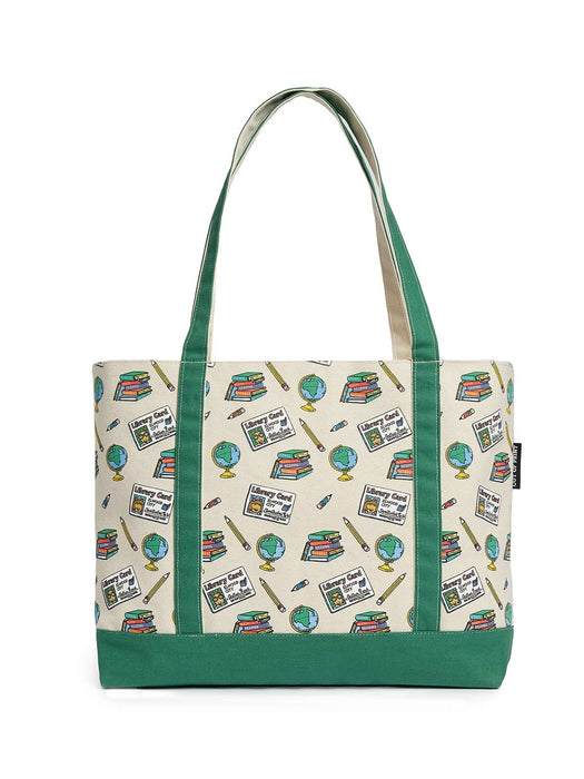 Arthur tote bag with book and globe pattern on a white background