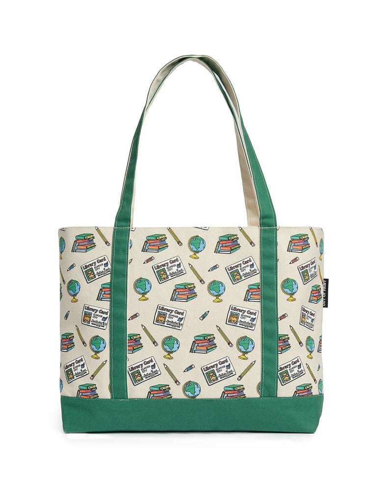 Arthur tote bag with book and globe pattern on a white background