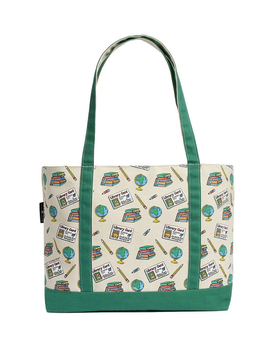 Arthur tote bag with educational design and green trim on a white background