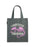 Gray tote bag with pink dragon design and text on a white background