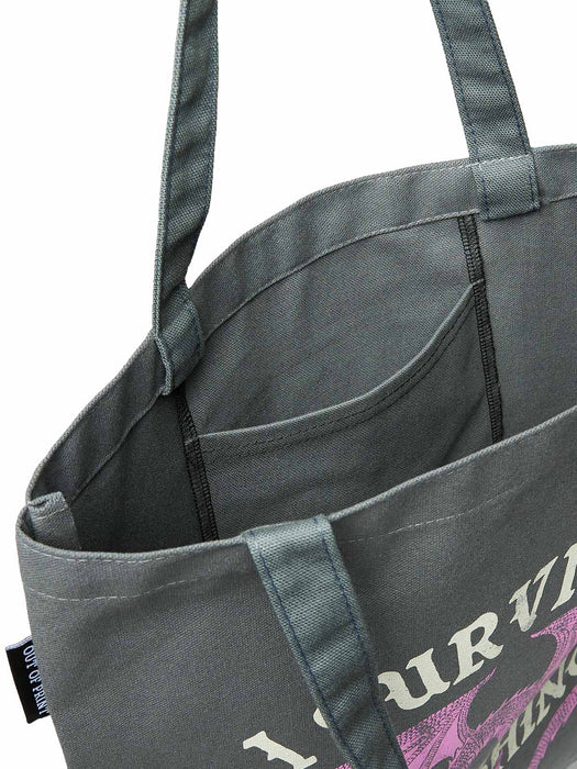 Gray tote bag with visible branding on a white background