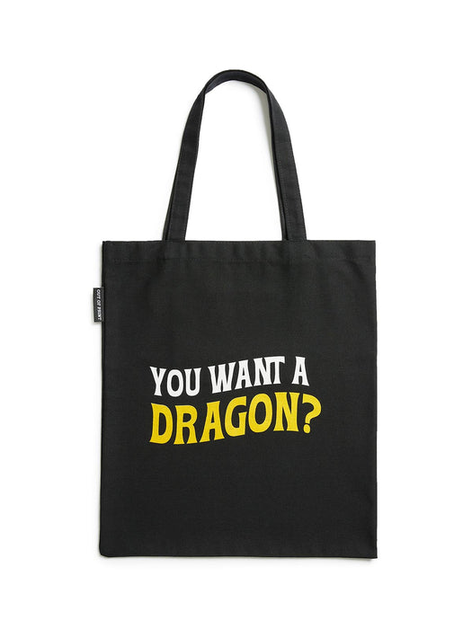 Black tote bag with 'You Want a Dragon?' text on a white background