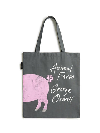 Tote bag with pink pig illustration and 'Animal Farm' text on a white background