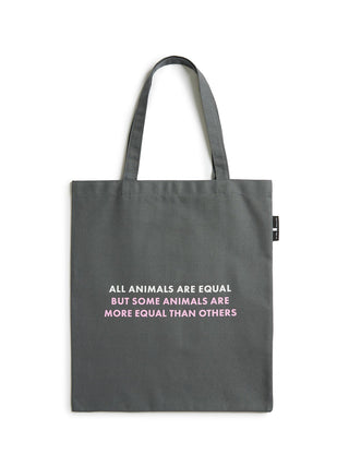 Gray tote bag with white text on a white background