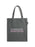 Gray tote bag with white text on a white background