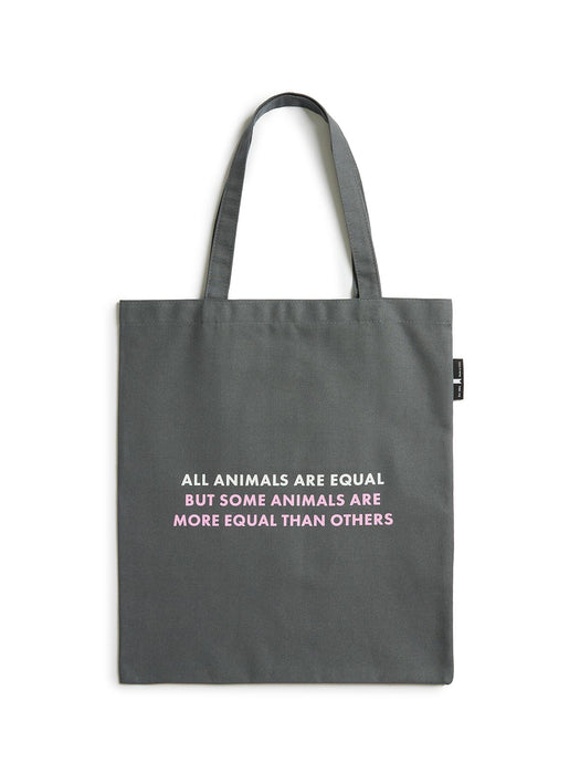 Gray tote bag with white text on a white background
