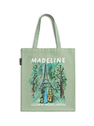 Tote bag with illustration of Eiffel Tower and trees, featuring the text 'Madeleine' and 'Ludwig Bemelmans'.