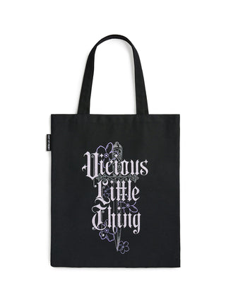 Black tote bag with white text and design on a white background