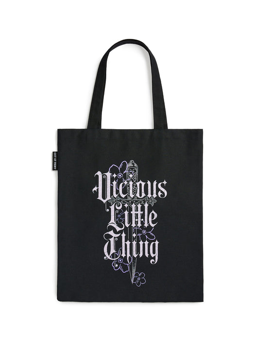 Black tote bag with white text and design on a white background