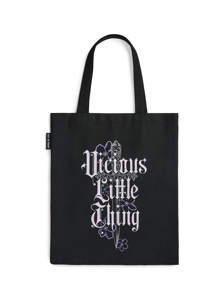 Black tote bag with white text and design on a white background
