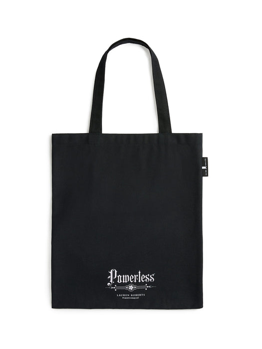 Black tote bag with 'Powerless' text on a white background