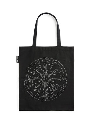 Black tote bag with white geometric design on a white background