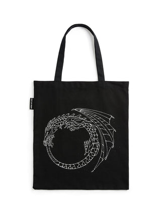 Black tote bag with white dragon design on a white background
