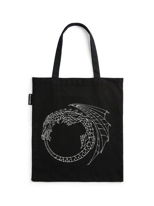 Black tote bag with white dragon design on a white background