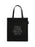 Black tote bag with white text on a white background