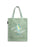 Green tote bag with a graphic design and text on a white background
