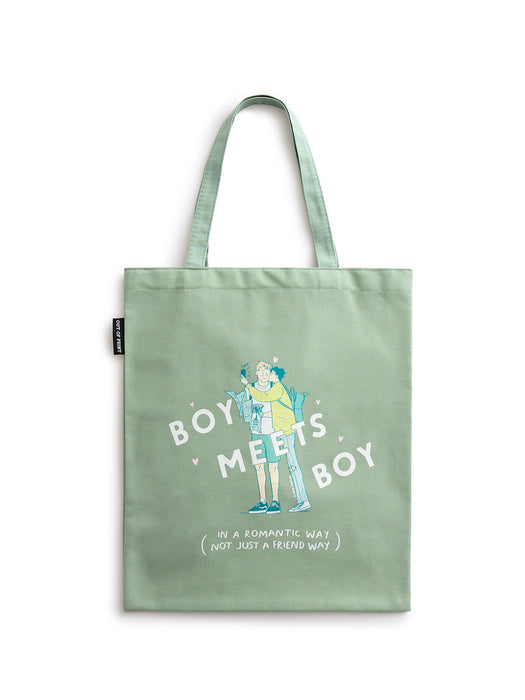 Green tote bag with a graphic design and text on a white background