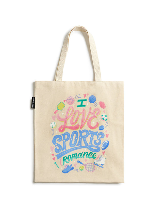 Tote bag with 'I love sports romance' text and colorful graphics on a white background