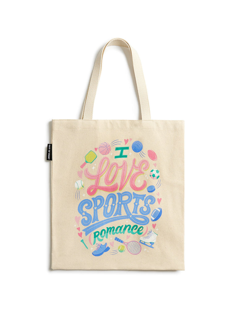 Tote bag with 'I love sports romance' text and colorful graphics on a white background