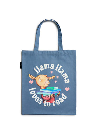 Blue tote bag with a llama graphic and text "llama llama loves to read" on a white background