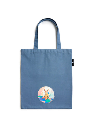 Blue tote bag with a plush graphic on a white background