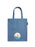 Blue tote bag with a plush graphic on a white background
