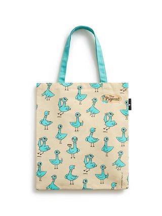 Tote bag with blue bird pattern on beige background