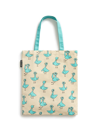 Tote bag with blue bird pattern on beige background
