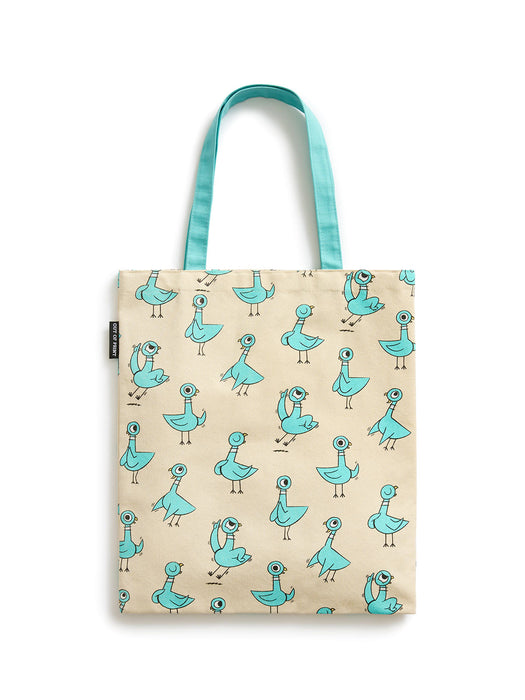 Tote bag with blue bird pattern on beige background