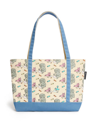 Tote bag with cartoon elephant and piggie and pigeon design on a beige background