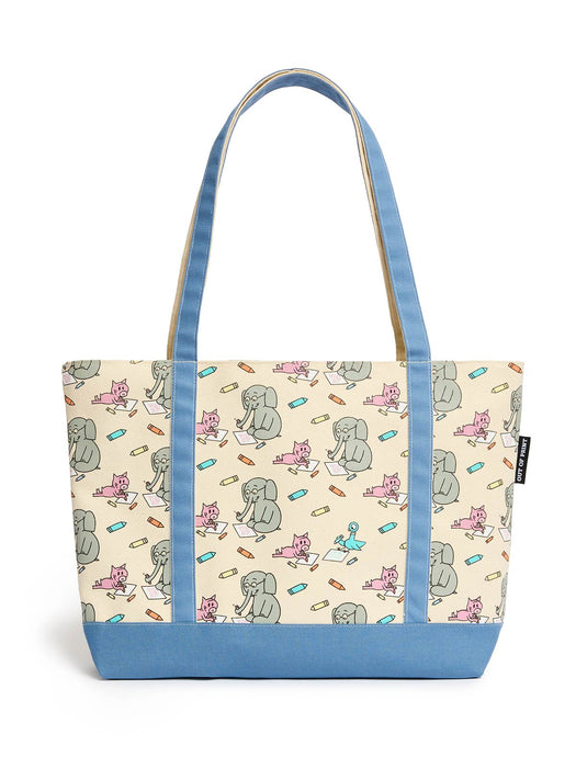Tote bag with cartoon elephant and piggie and pigeon design on a beige background