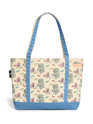 Tote bag with cartoon elephant and piggie and pigeon design on a beige background