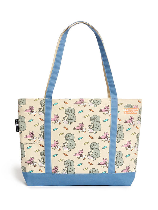 Tote bag with cartoon elephant and piggie and pigeon design on a beige background