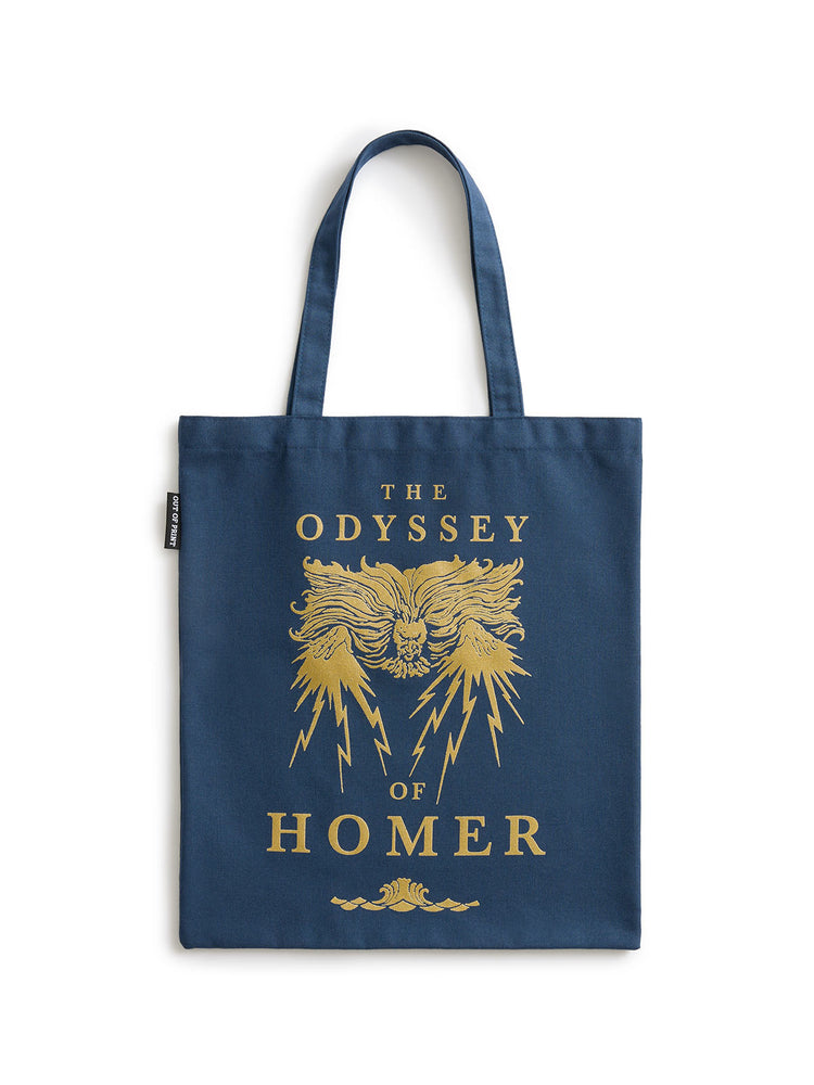 Blue tote bag with 'The Odyssey of Homer' text and logo on a white background