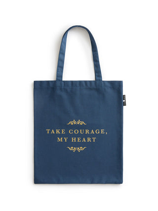 Navy blue tote bag with gold text 'Take Courage, My Heart' on a white background