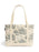 A canvas tote bag with a cream-colored base and handles, featuring a detailed gray toile-style print of castles, trees, and flying dragons, accented with small blue and gold motifs.