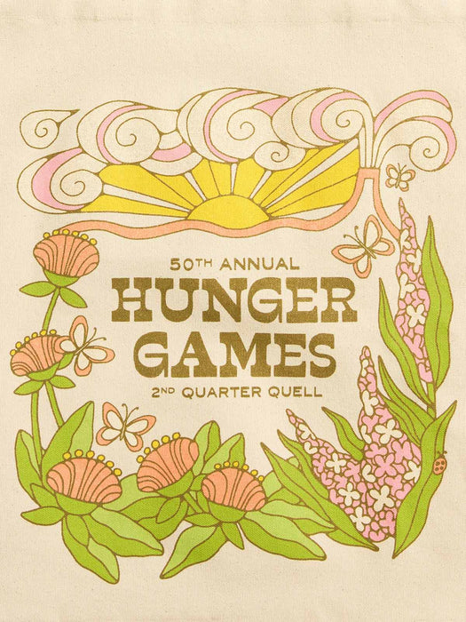 Vintage-style illustrated graphic reading '50th Annual Hunger Games 2nd Quarter Quell' with floral and butterfly motifs in muted pink, green, yellow, and brown on a warm cream background.