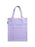 A lilac purple tote bag with blue horizontal lines and printed writing fields, shown against a plain white background.