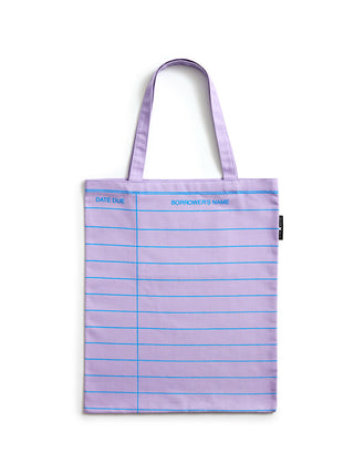 A lilac purple tote bag with blue horizontal lines, featuring the printed text 'DATE DUE' and 'BORROWER'S NAME' on the top, set against a plain white background.