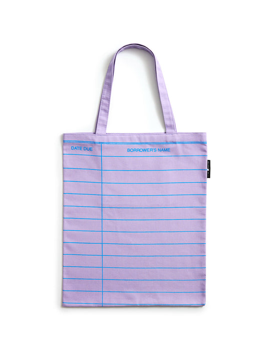 A lilac purple tote bag with blue horizontal lines, featuring the printed text 'DATE DUE' and 'BORROWER'S NAME' on the top, set against a plain white background.