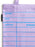 A close-up of a lilac purple canvas tote bag with bright blue printed lines and text fields for author, title, date due, and borrower. A small black fabric tag is visible on the left side.