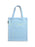 A light cloud blue canvas tote bag with yellow horizontal lines and yellow text, featuring two shoulder straps, photographed against a plain white background.