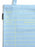 A light cloud blue fabric tote bag with yellow printed lines and text fields for author, title, date due, and borrower's name. A small black fabric tag on the left edge reads 'OUT OF PRINT'.