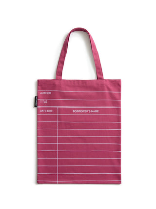 A maroon red canvas tote bag with white horizontal lines and printed text fields for author, title, date due, and borrower's name, shown on a plain white background.