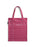 A maroon red canvas tote bag with white horizontal lines and printed text fields for author, title, date due, and borrower's name, shown on a plain white background.
