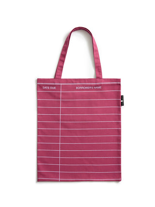 A maroon red striped canvas tote bag with white lines forming a date and borrower's name grid, featuring two top handles and a small black tag on the right side.