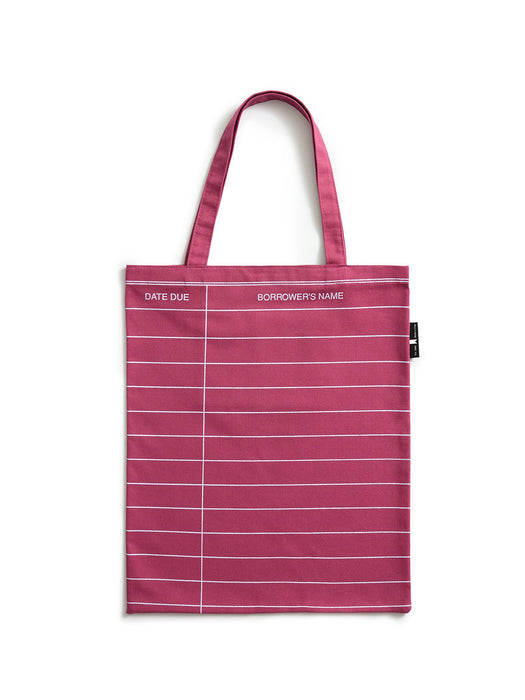 A maroon red striped canvas tote bag with white lines forming a date and borrower's name grid, featuring two top handles and a small black tag on the right side.