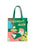 A green canvas tote bag with 'GOODNIGHT MOON' printed in yellow text, featuring a whimsical illustration of a bedroom scene with a cat on a bed.